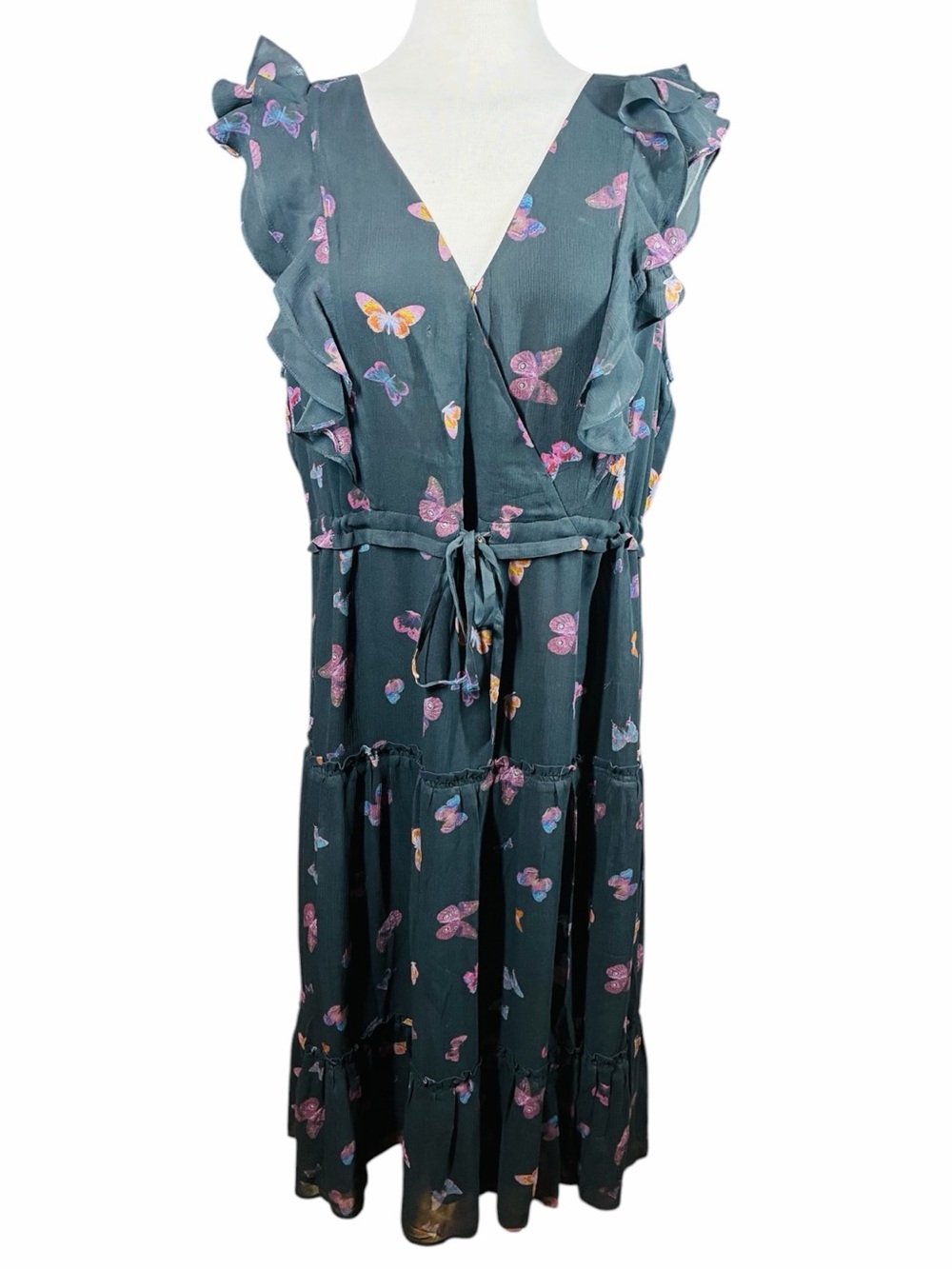 Paige 100% Silk Black Butterfly Print V Neck Dress Drawstring Waist Size XL